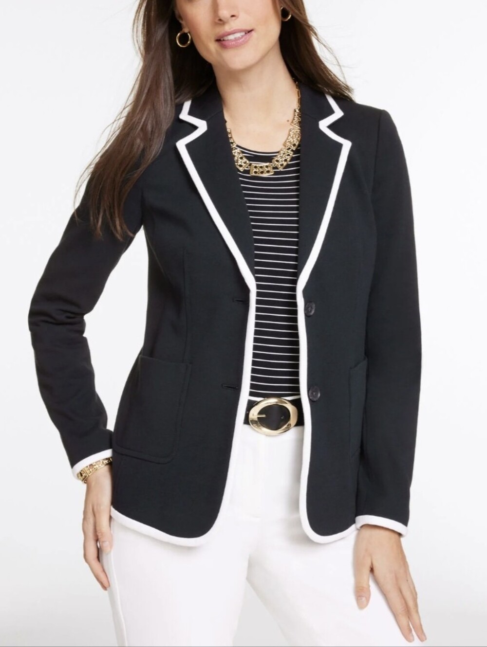 Talbots Aberdeen Piqué Knit Blazer 2 Navy gold button piped Preppy old money